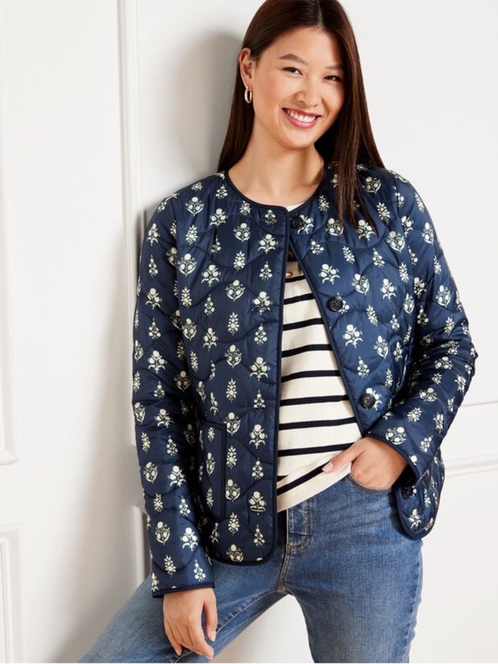Talbots Collarless Quilted Jacket Ditsy Foulard